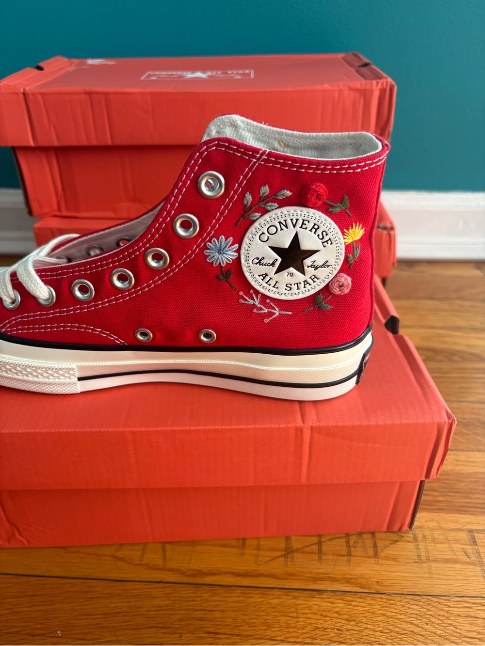 Converse Women’s Red Embroidered Floral High-Top Sneakers - Picture 2 of 3